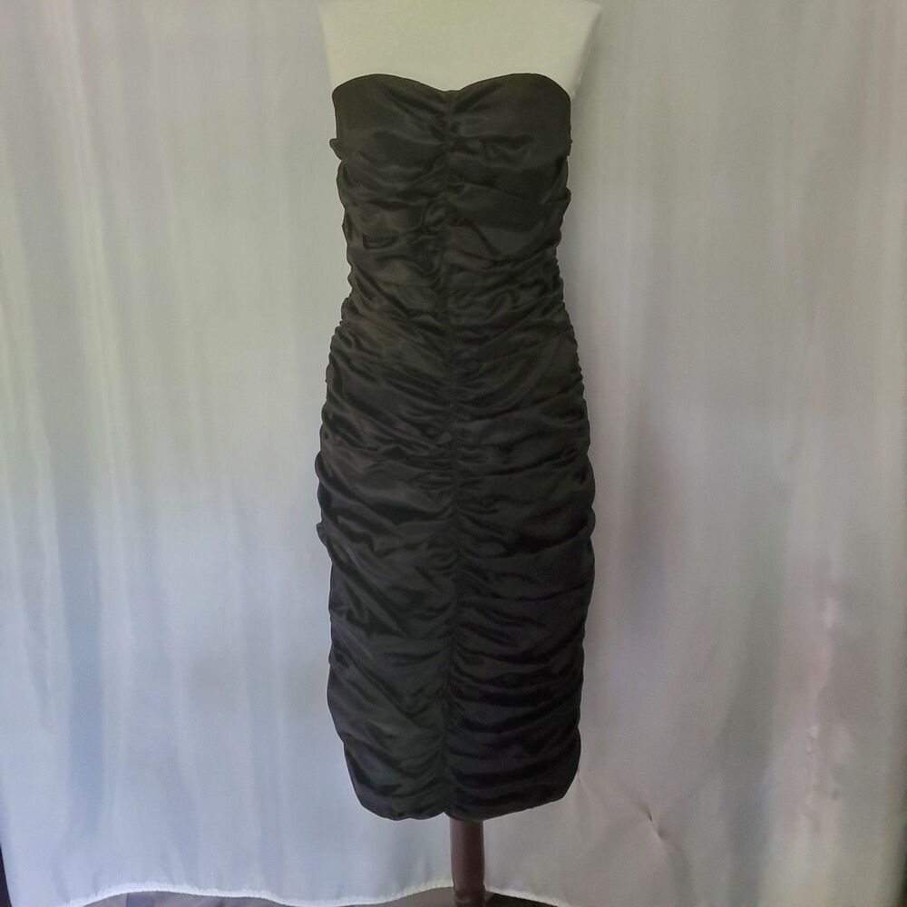 Vintage 90s Black Satin Dress strapless, rouched Halloween Goth emo